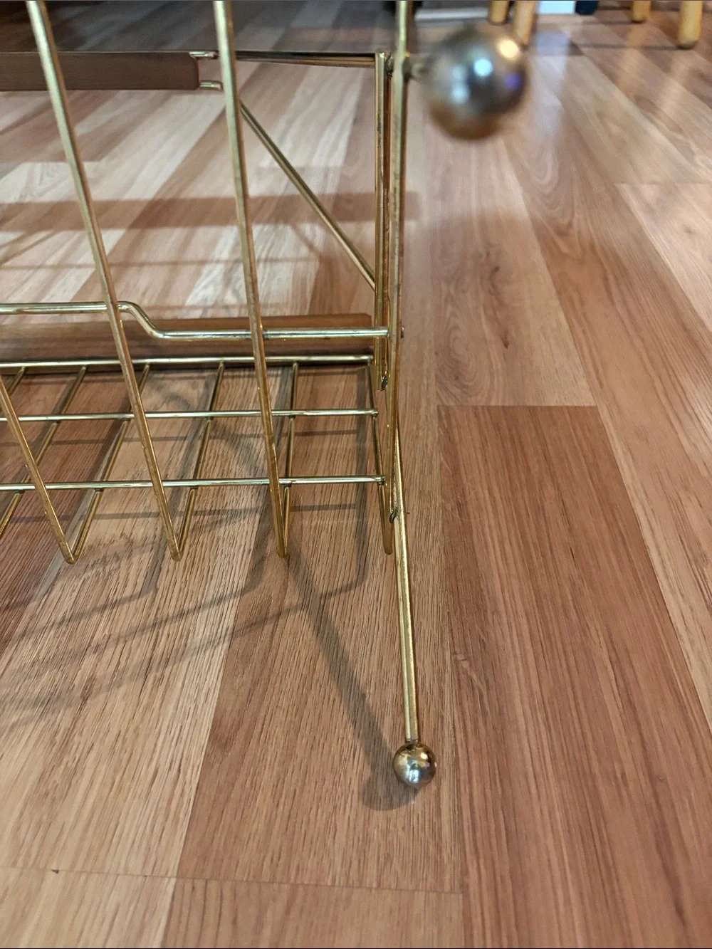 Mid-Century Style Brass Wire and Wood Magazine Rack - Brown